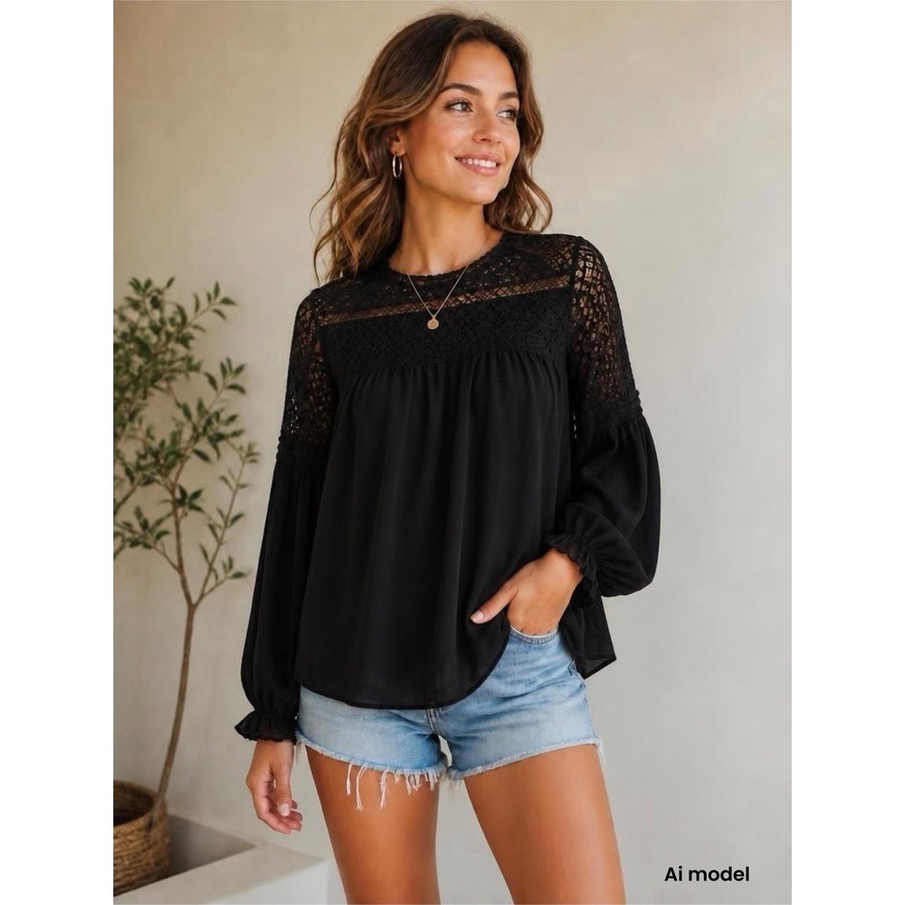 Black Crochet Lace Panel Long Sleeve Blouse Flowy Boho Top Ruffle Cuff